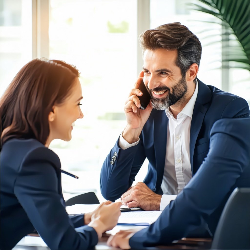 lawyer calling happy client men and women lawyer calling happy client men and women