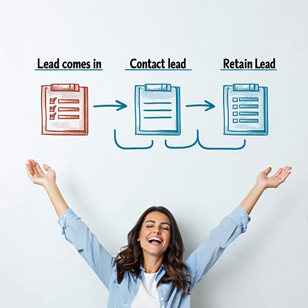 person with both hands in the air and smiling showing flow chart Lead comes in contact lead and retain lead-2